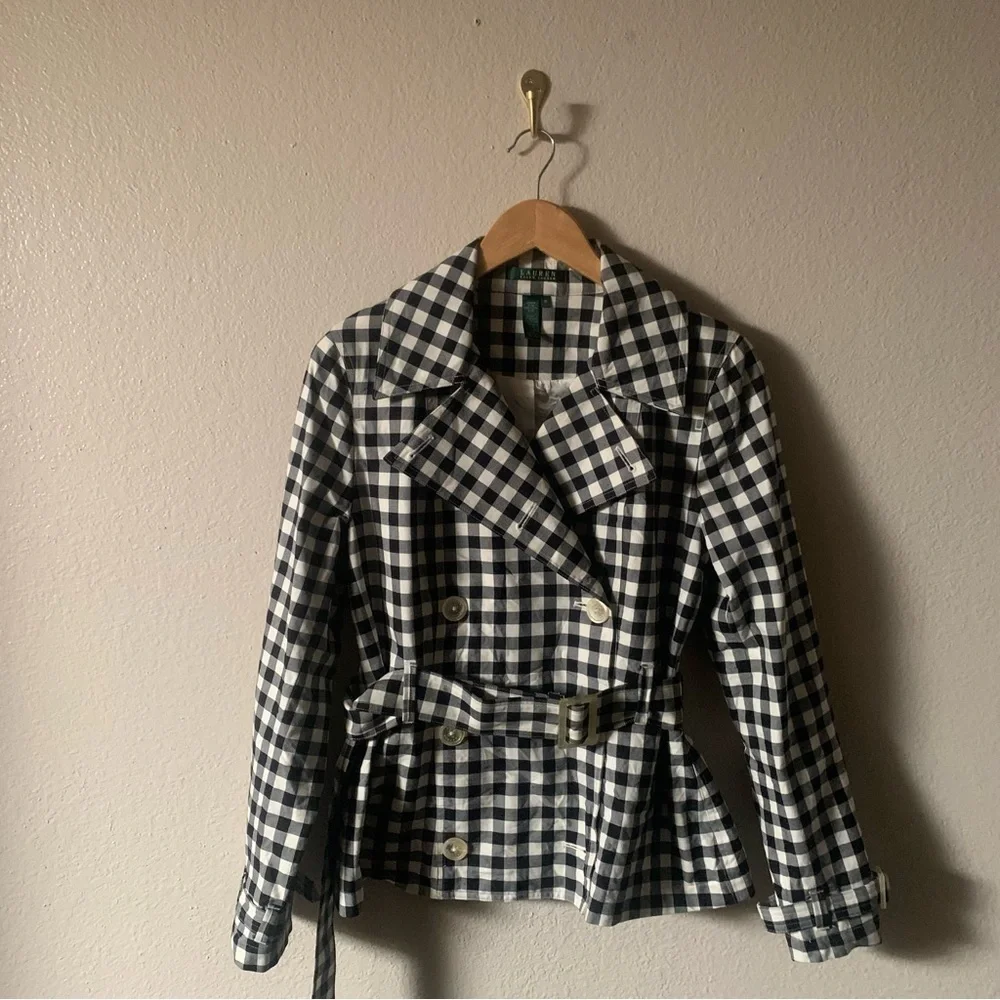Ralph Lauren Black and White Gingham Trench Coat - Picture 1 of 5